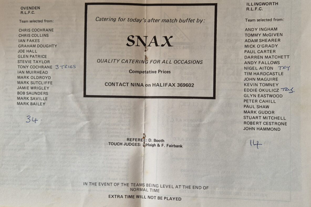 1992 Halifax Cup Final teams Illingworth v Ovenden