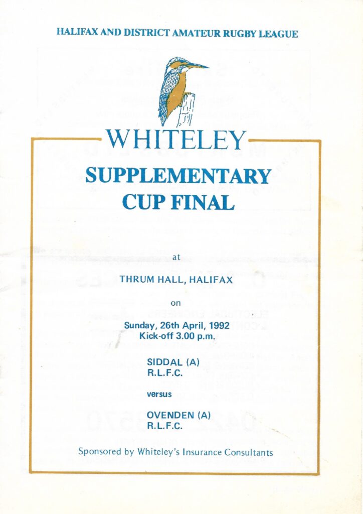 1992 Siddal A Ovenden A Hlaifax Supplimentary Cup Final programme  and team