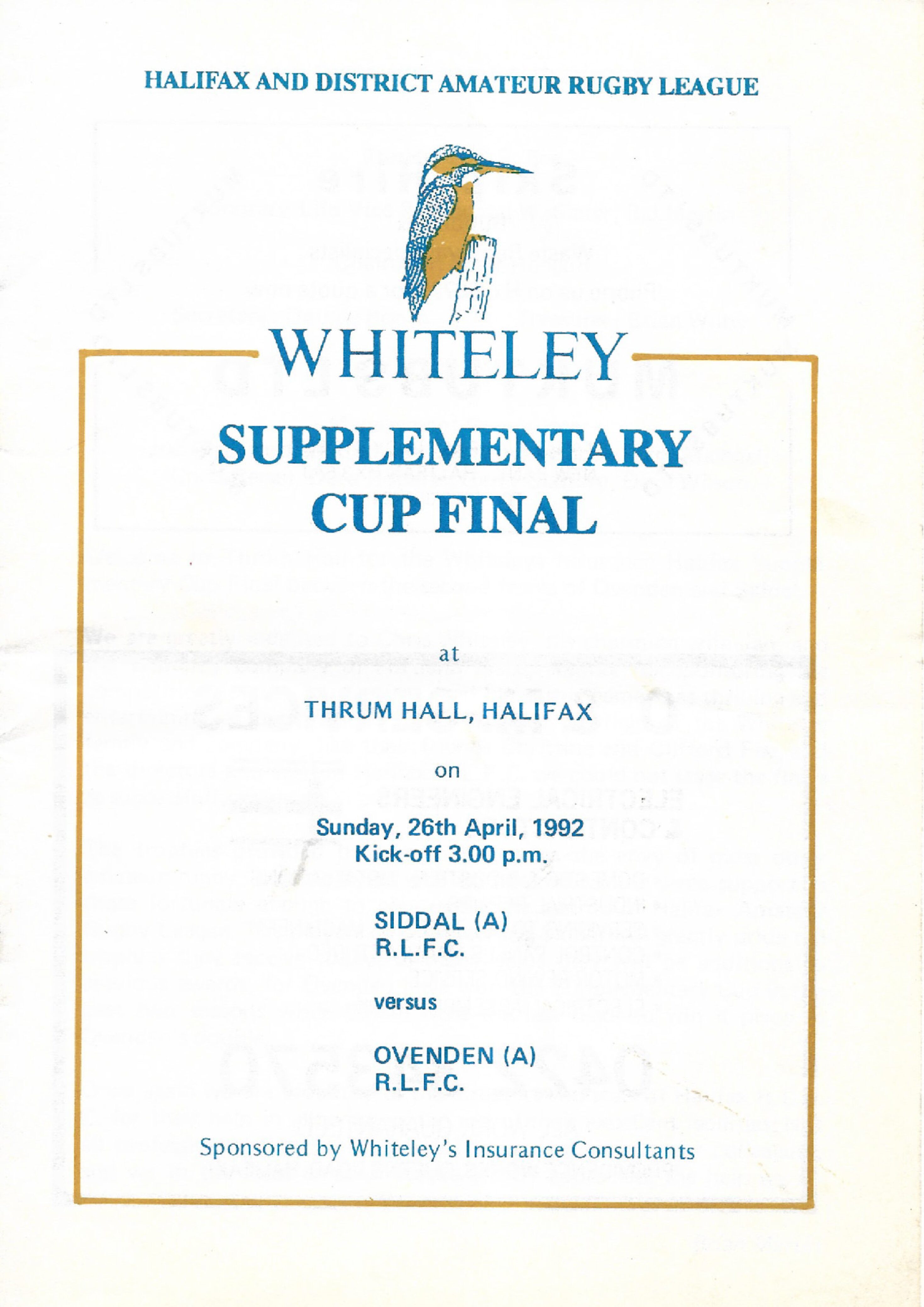 1992 Siddal A Ovenden A Hlaifax Supplimentary Cup Final programme  and team