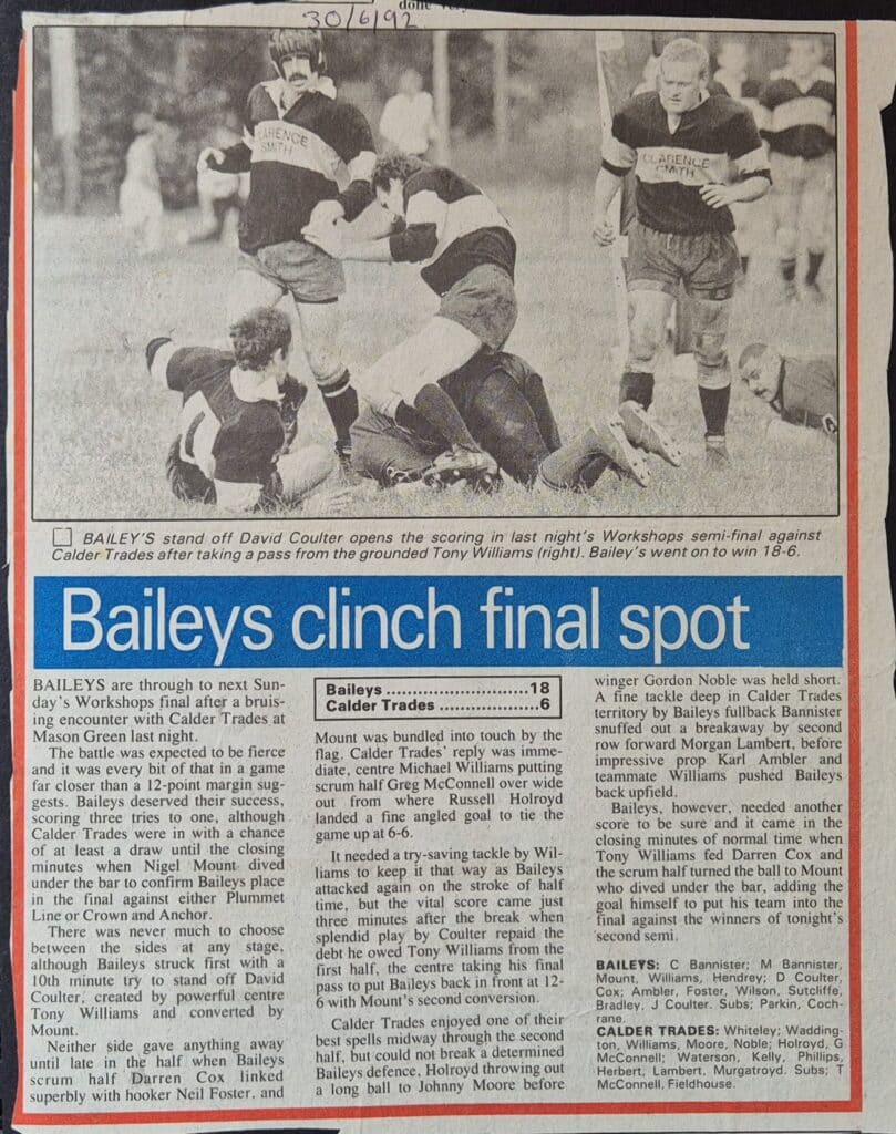 1992 Workshops Baileys v Calder Trades match report Courier