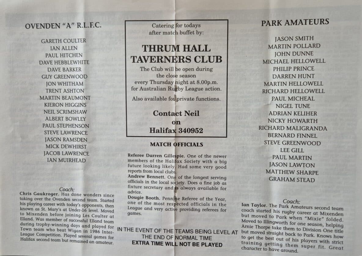 1993 Halifax Supplimentary Cup Teams PArk A v Ovenden A