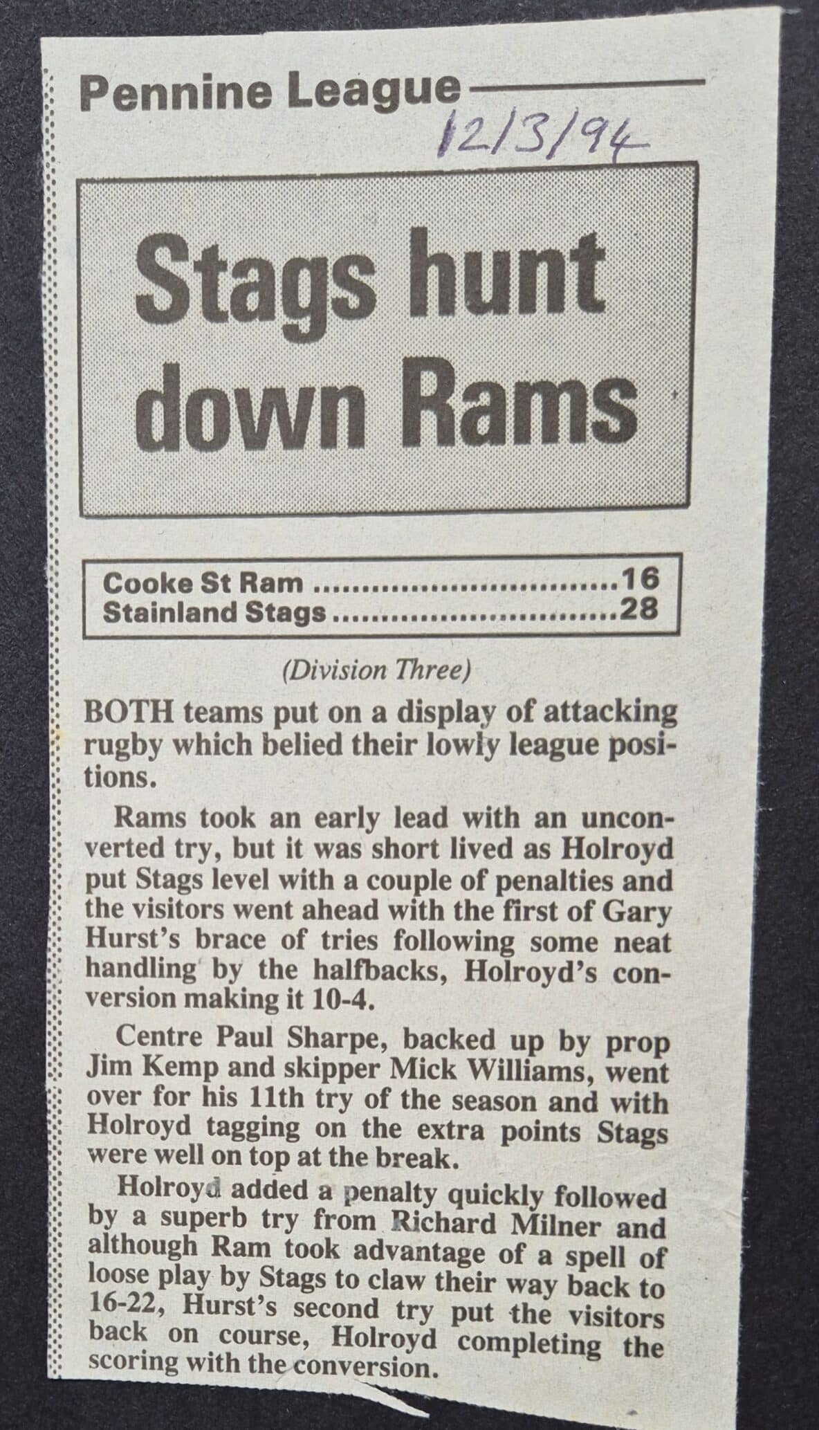 1994 Cooke St Rams v Stainland Stags Courier match report