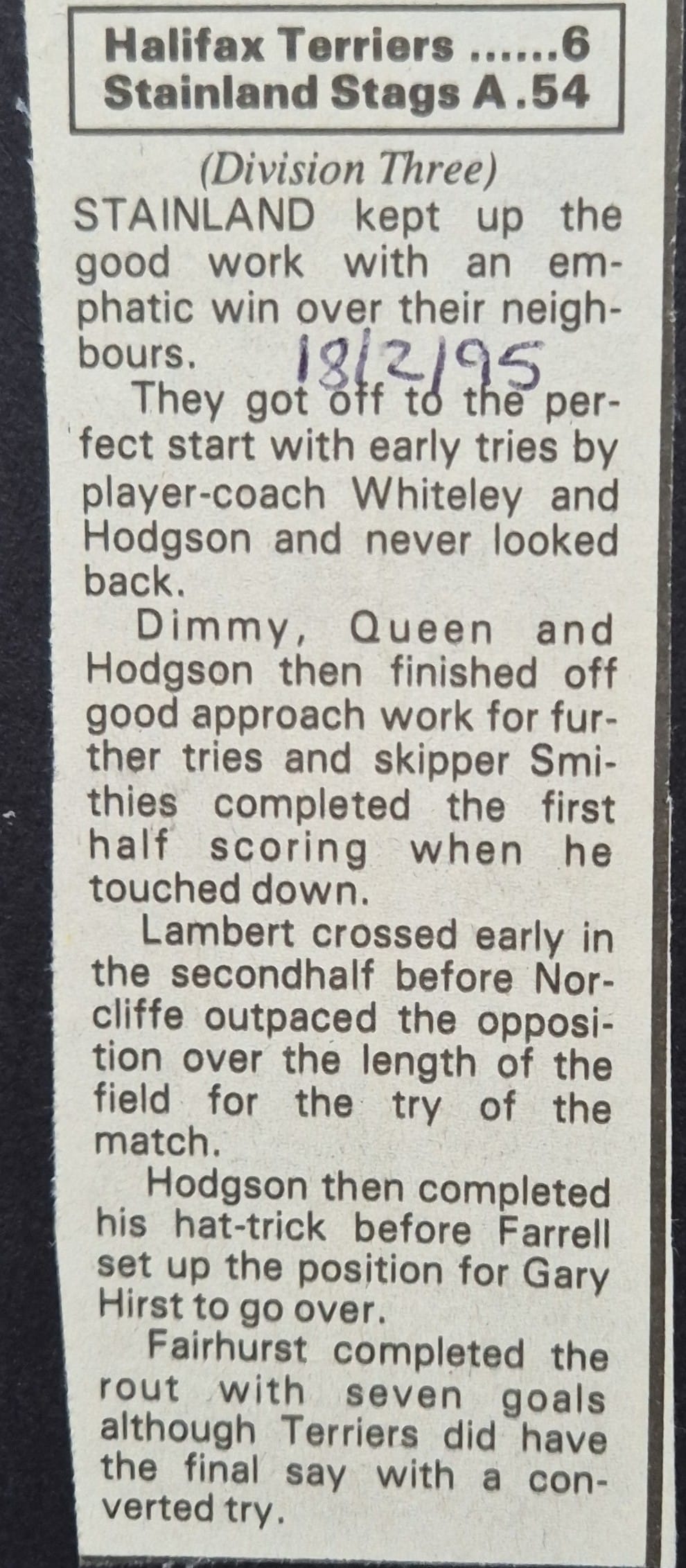 1995 Stainland Stags A Courier report