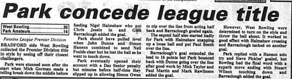 1996 Park Amateurs v West Bowling report