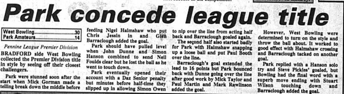 1996 Park Amateurs v West Bowling report