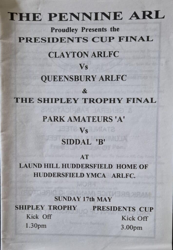 1998 Shipley Trophy Final programme Siddal B v Park Amateurs A