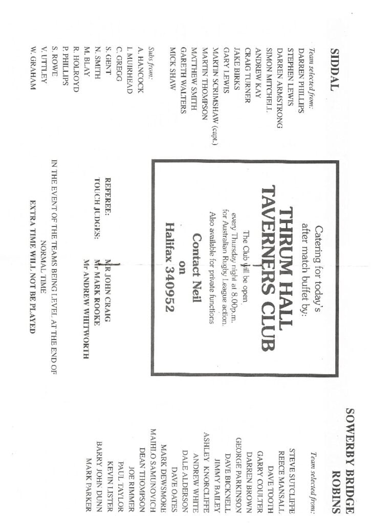 1998 siddal Sowerby Bridge Robins  Halifax Cup final  teams