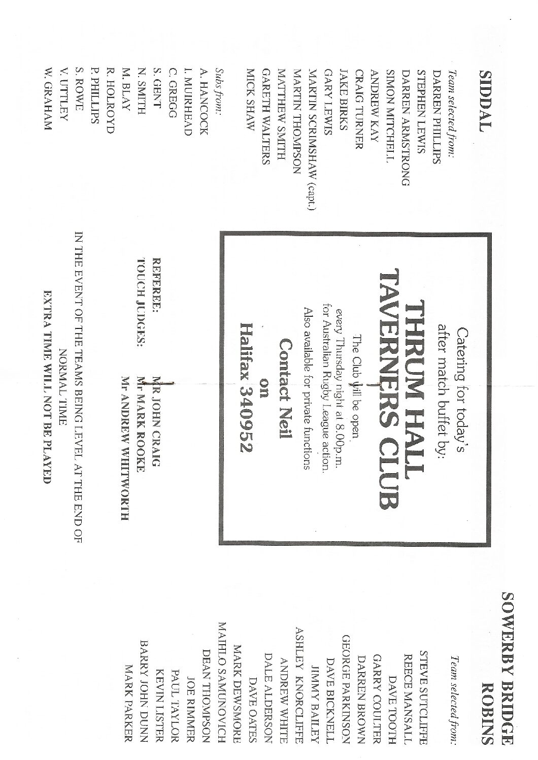 1998 siddal Sowerby Bridge Robins  Halifax Cup final  teams