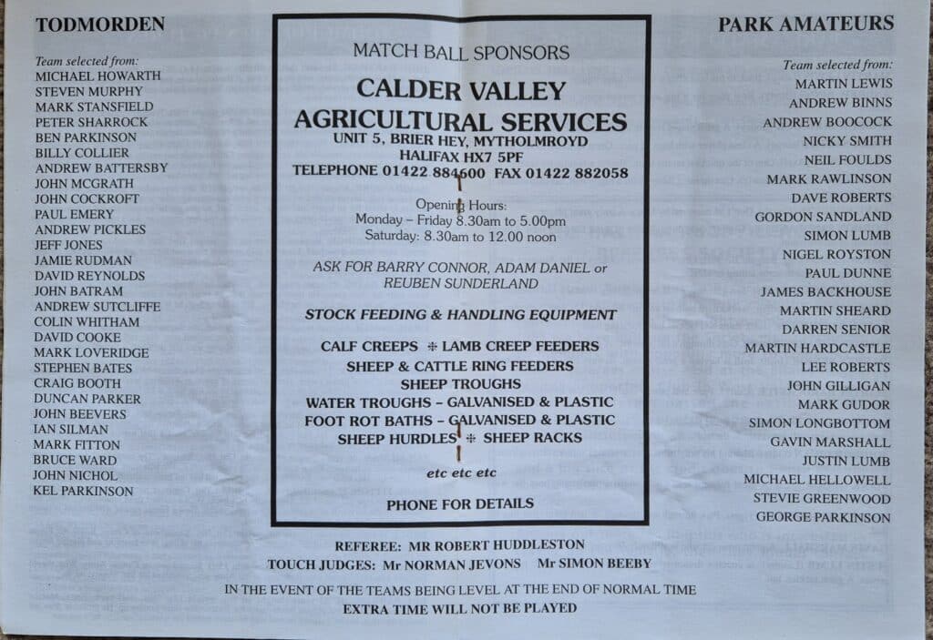 1999 Halifax Cup Final Todmorden v Park  team sheets