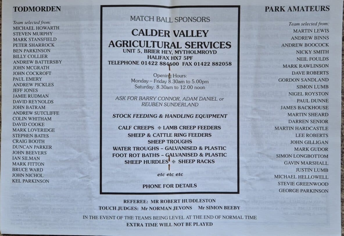 1999 Halifax Cup Final Todmorden v Park  team sheets