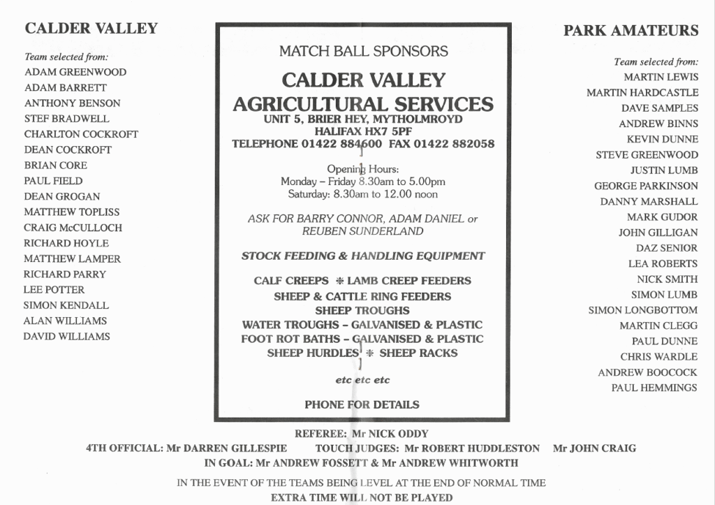 2000 Calder Valley Park Halifax Cup Final programme  teams