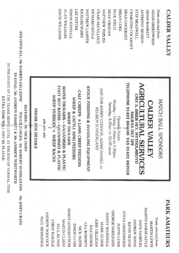2000  Halifax Cup Final Calder Valley Park prog teams