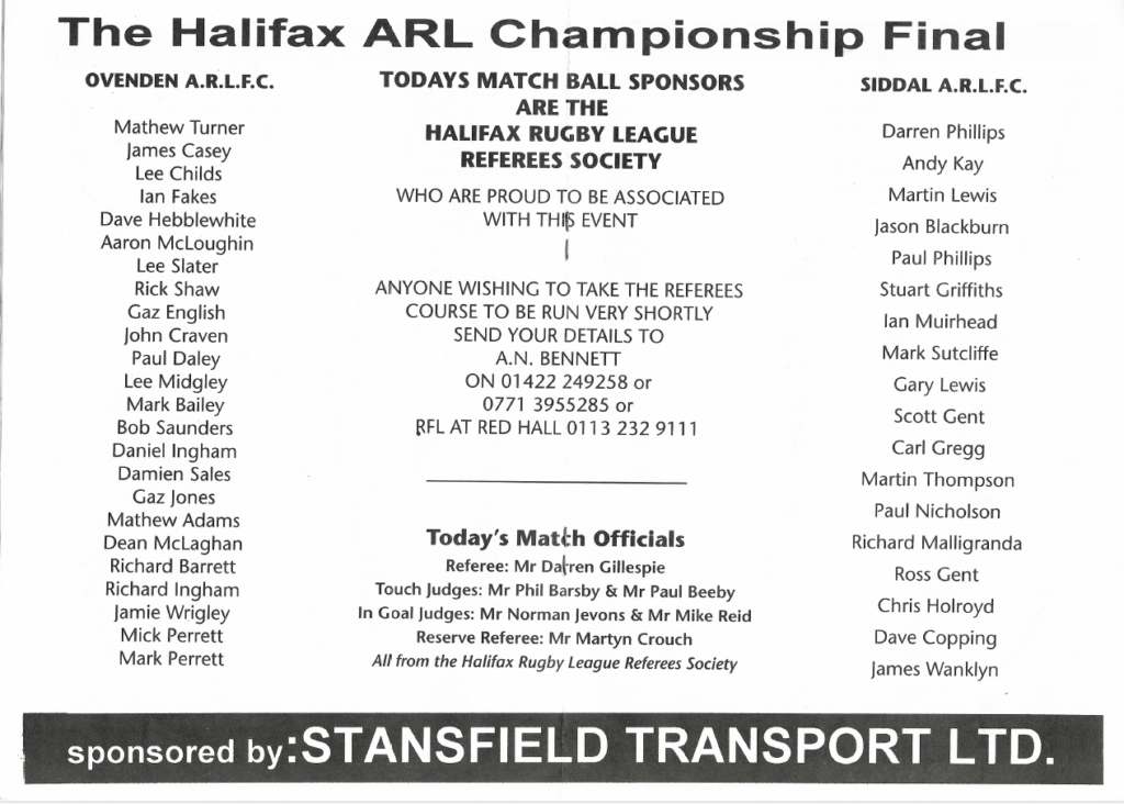 2001 Halifax Championship Ovenden Siddal teams