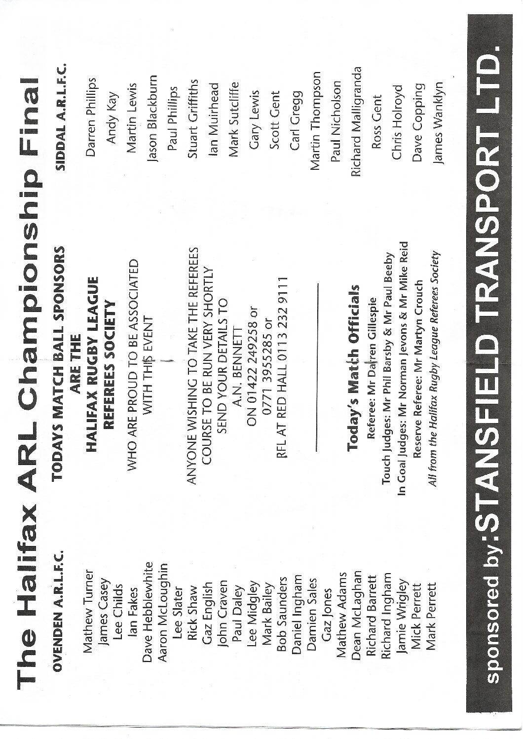2001 Ovenden Siddal Halifax Championship Final  teams