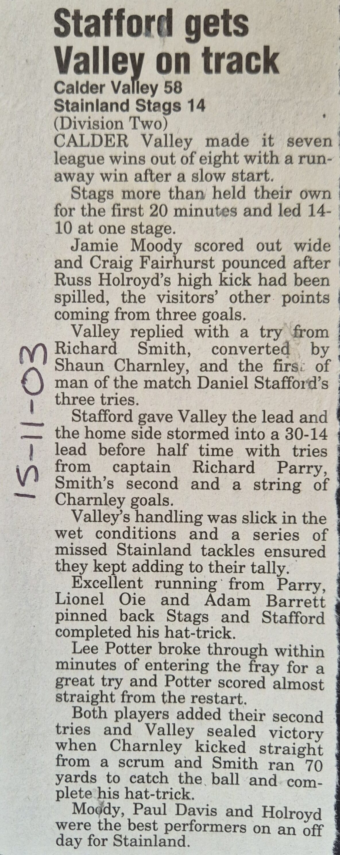 2003 Nov Calder Valley v Stainland Stags Courier match report