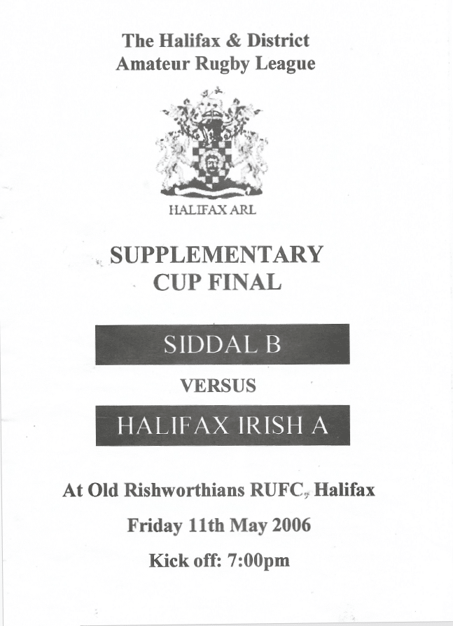 2006 Halifax Supplimentary Cup Final Programme Siddal B v Halifax Irish