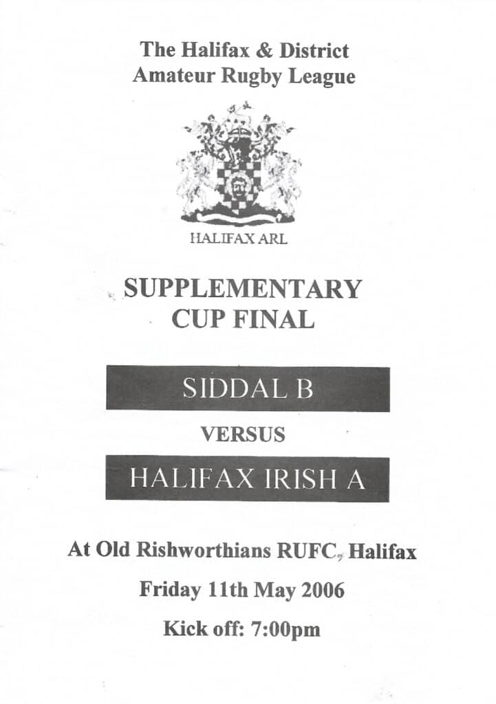 2006 Siddal B Hfx Irish A  Halifax Supplimentary Cup Final programme