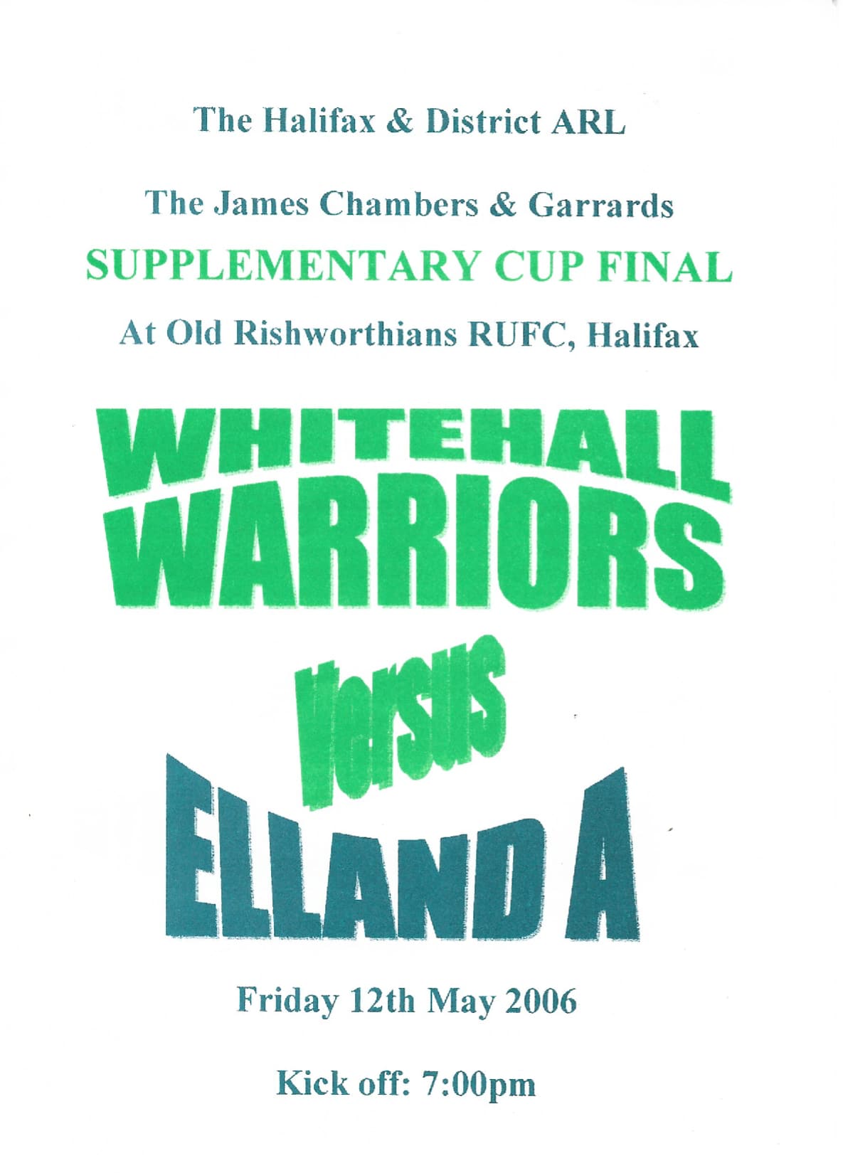 2006 Whitehall Warriors  Elland A  Halifax Supplimentary Cup Final programme