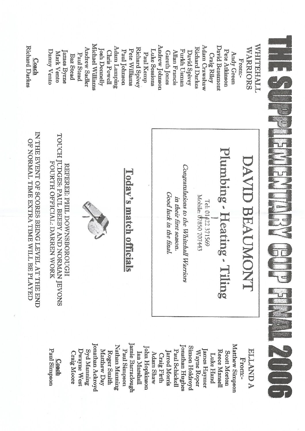 2006  whitehall Elland A Halifax Supplimentary Cup Final teams