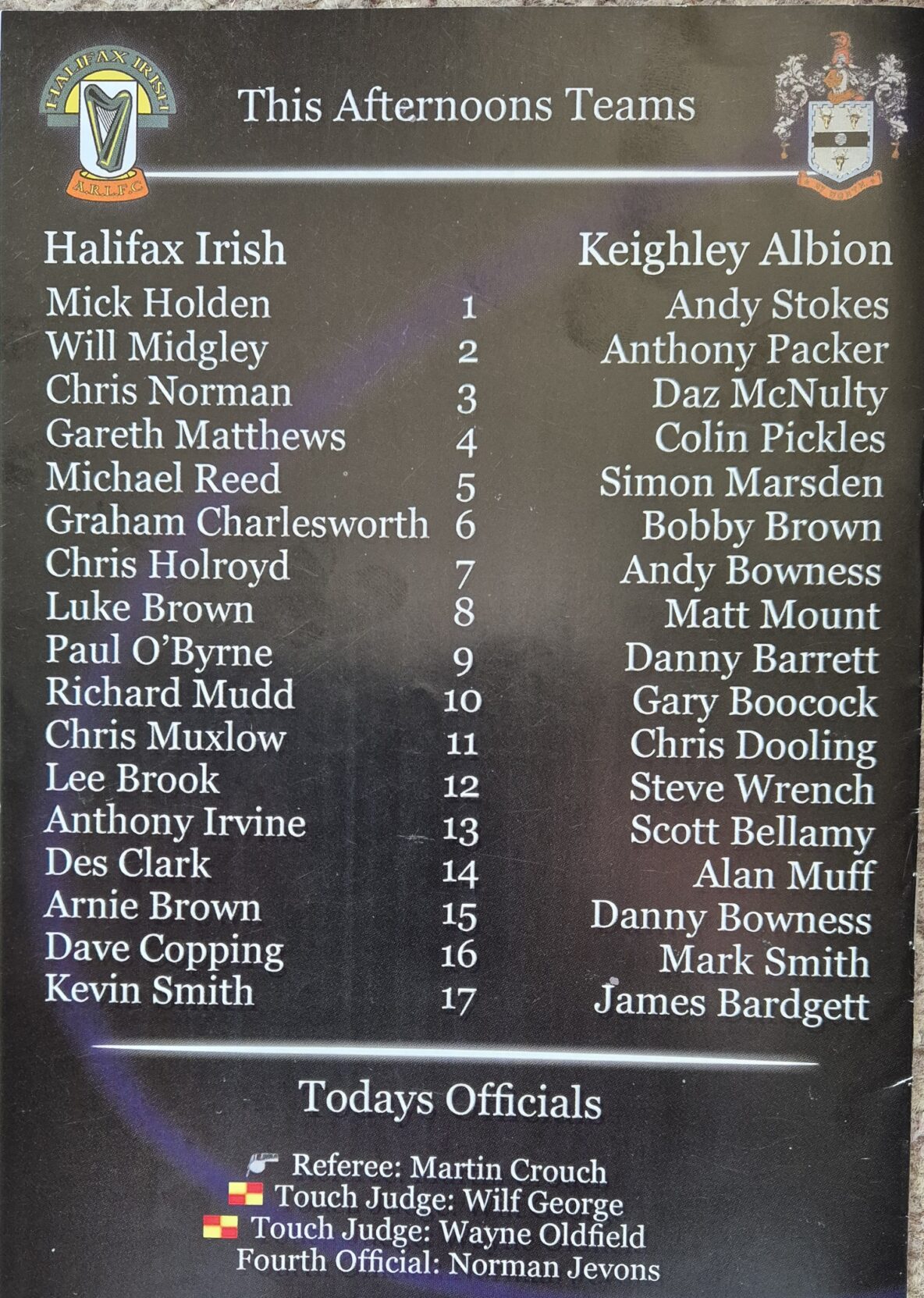 2008 Halifax Cup Final teamsheet Halifax Irish v Keighley Albion