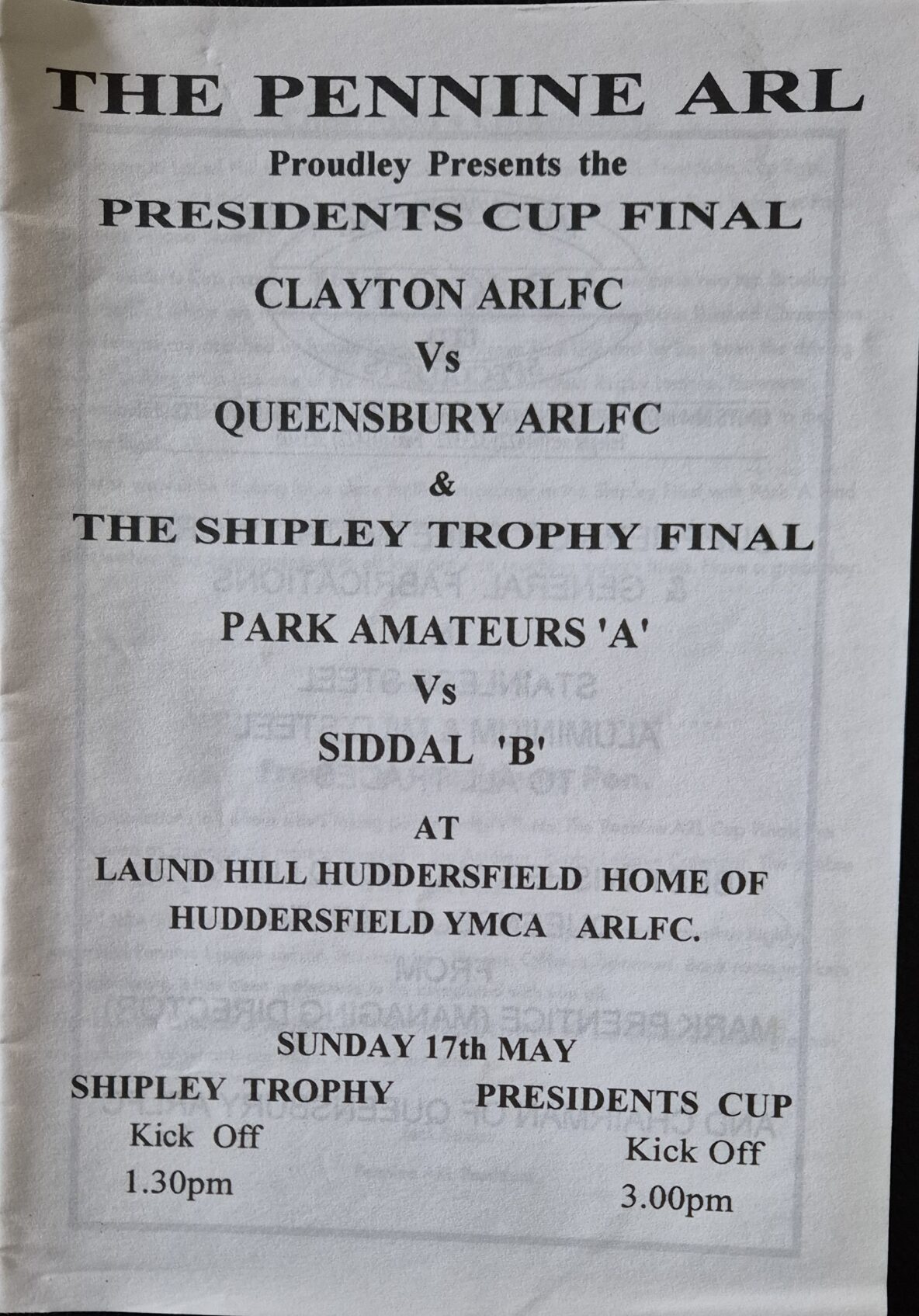 2008 Shipley Trophy Final Programme Siddal B v Park Amatuers A