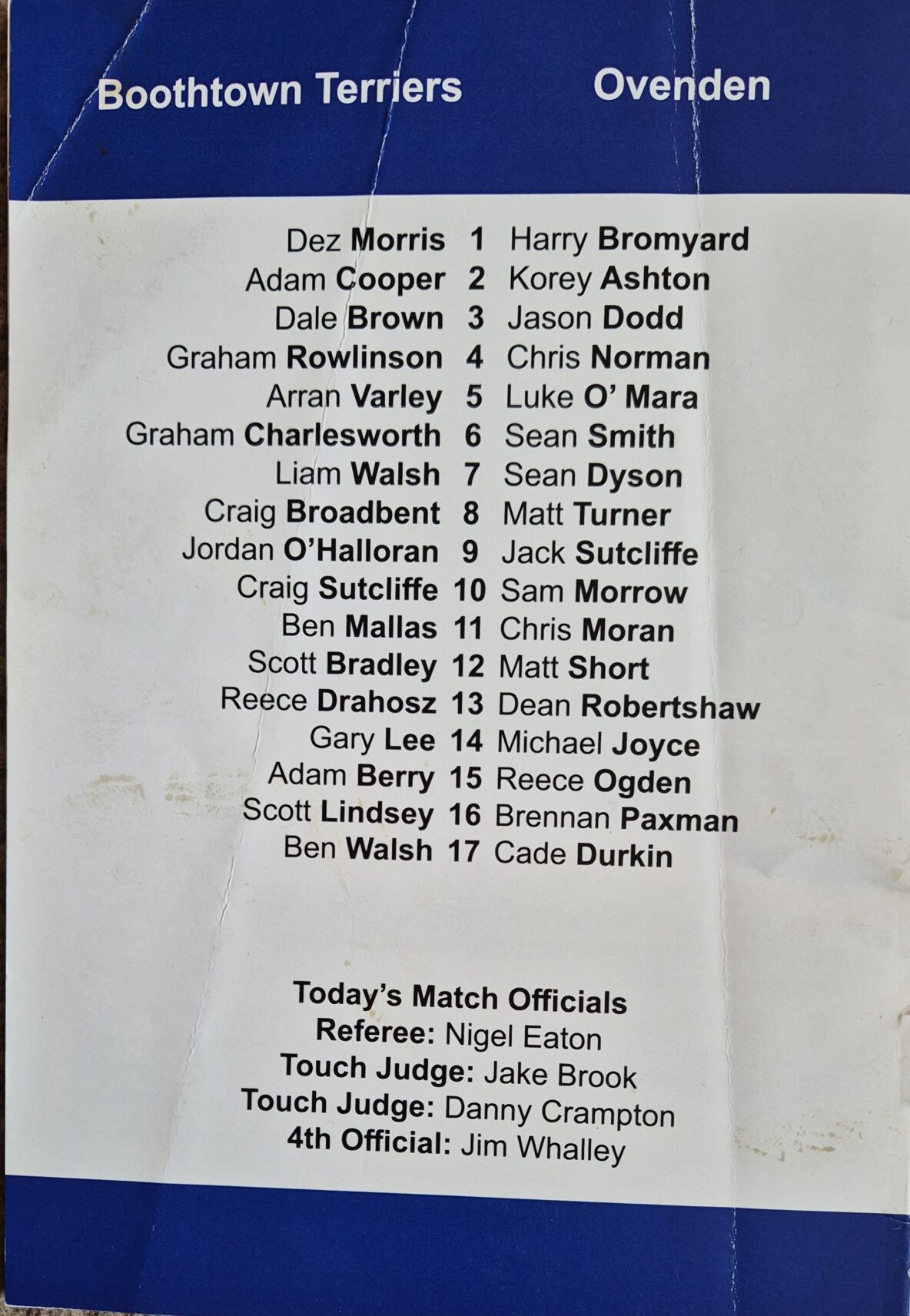 2016 Halifax Cup Final teamsheets