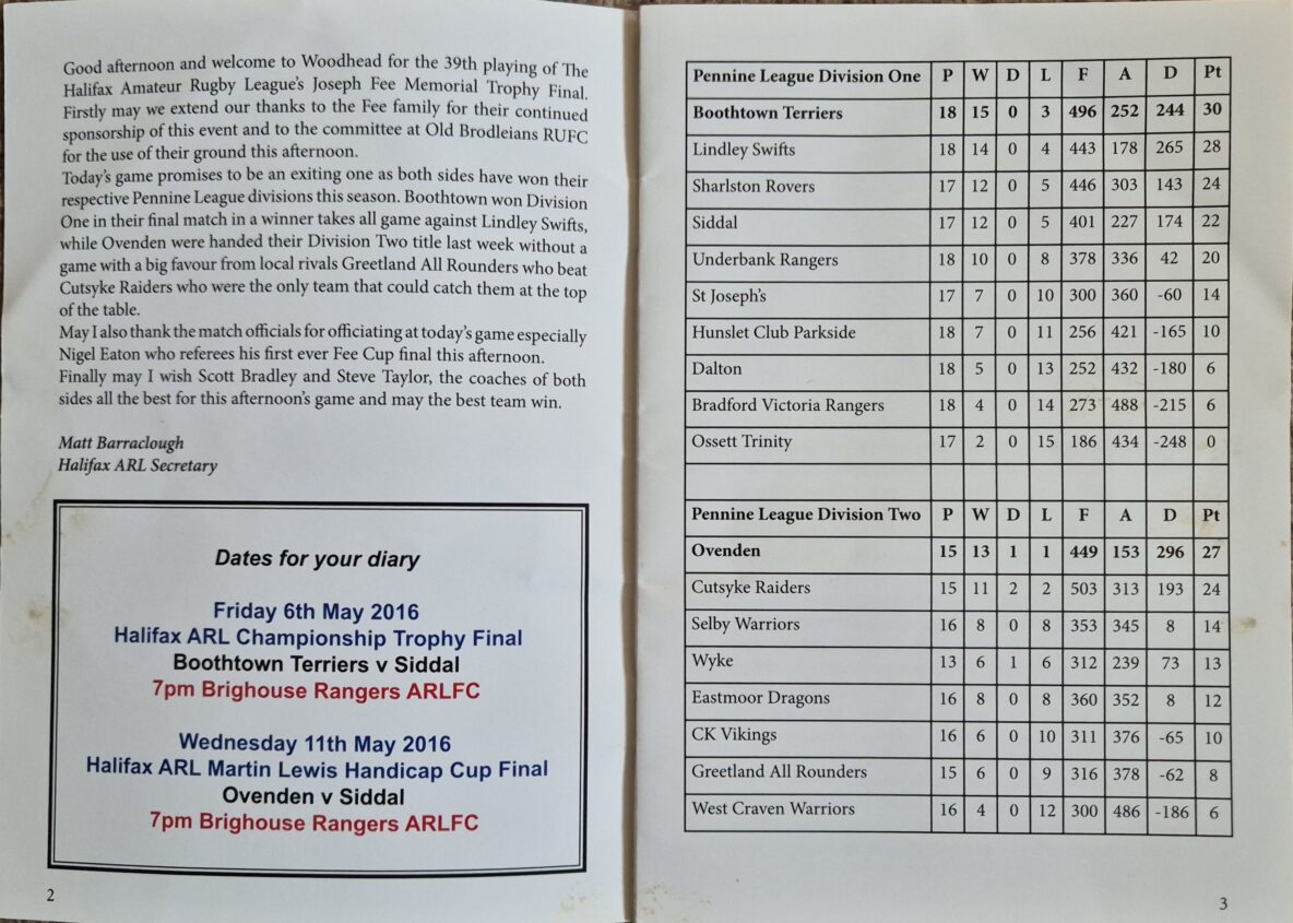 2016 Pennine league p[ositions Boothtown and Ovenden
