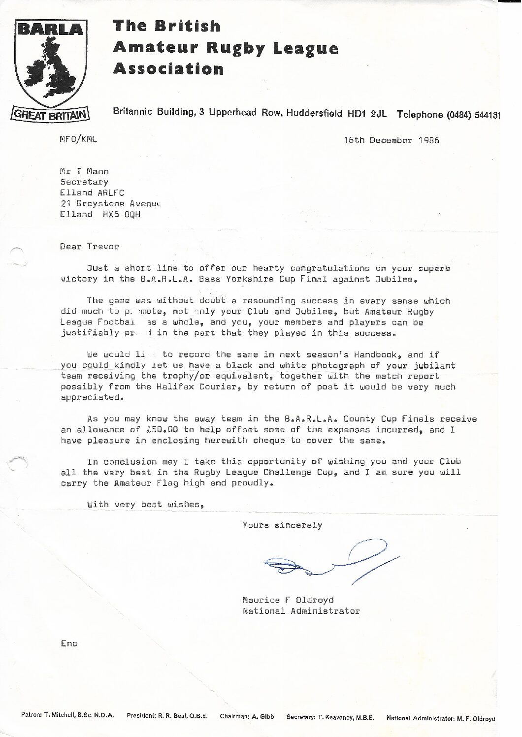 BARLA congrats letter 1976 Yorks Cup