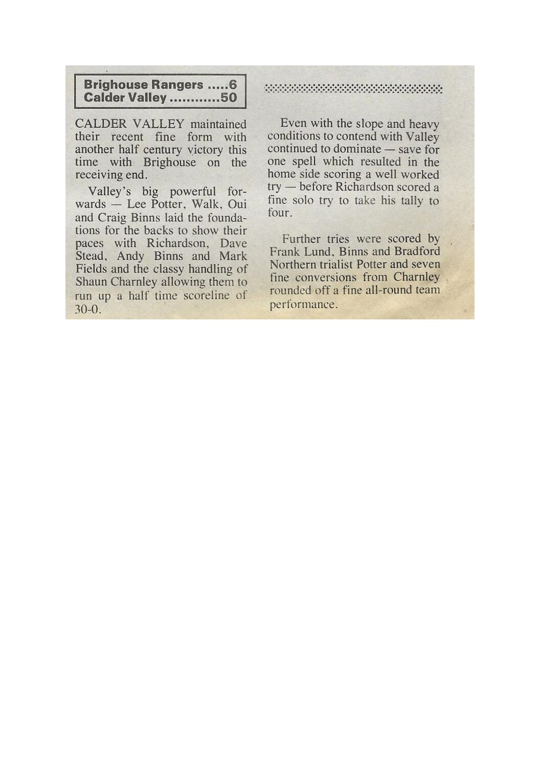 Brighouse 6 Calder Valley 50 match report Courier