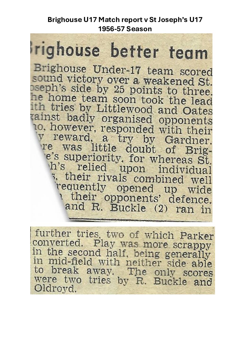Brighouse U17 match report 1956-57