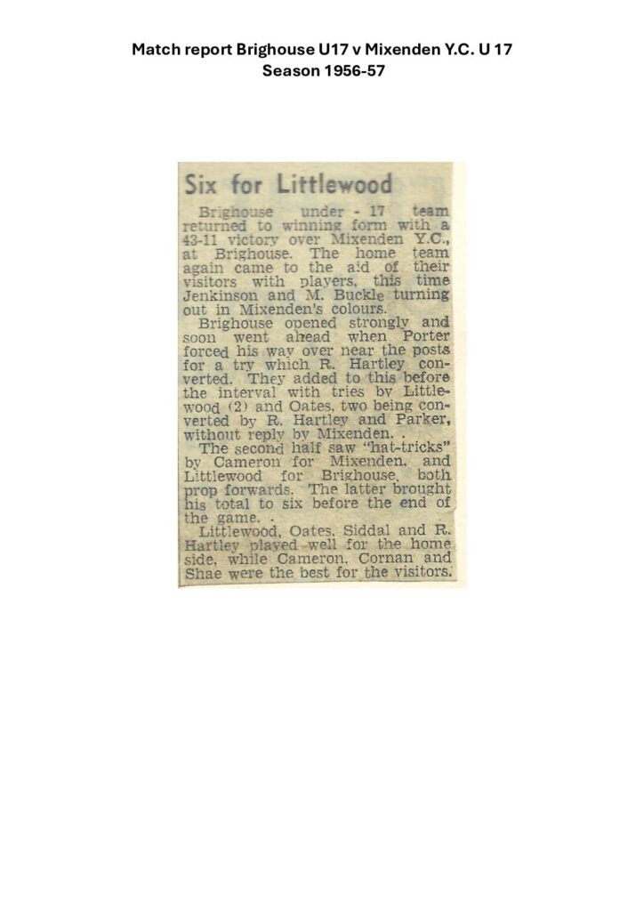 Brighouse U17 v Mixenden YC U17 match report 1956-57