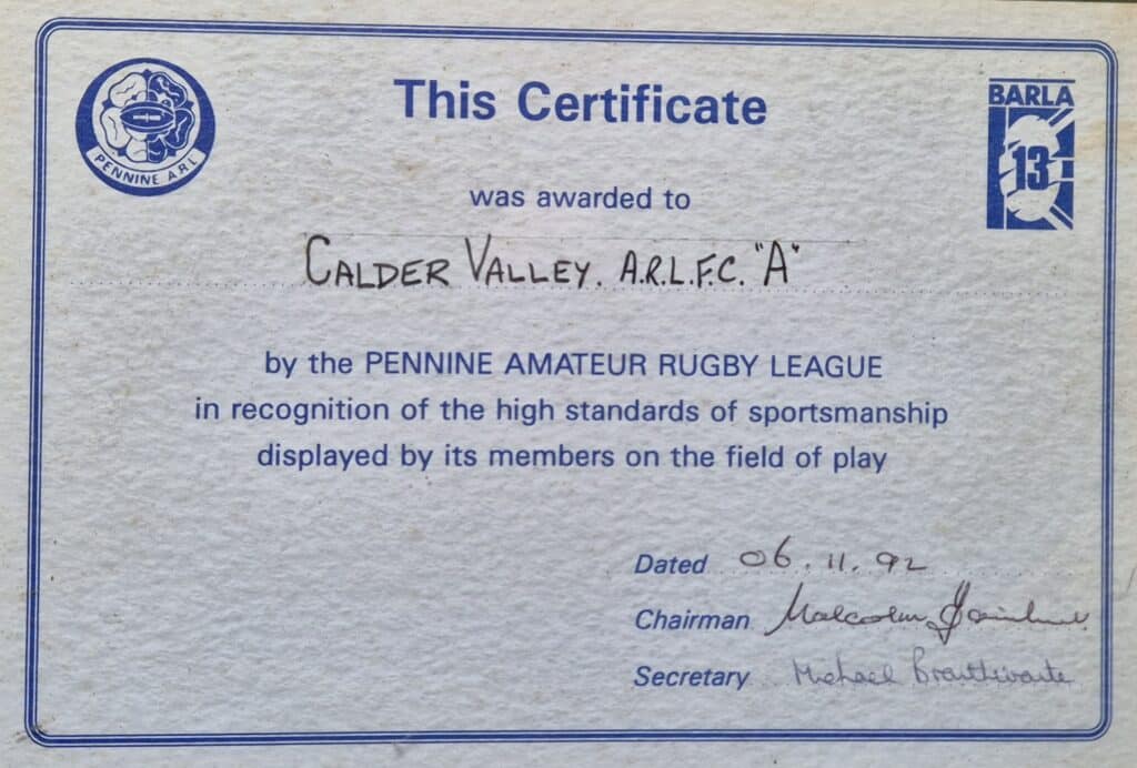 Calder Valley A team 1992 Pennine League Sportsmanship certificate