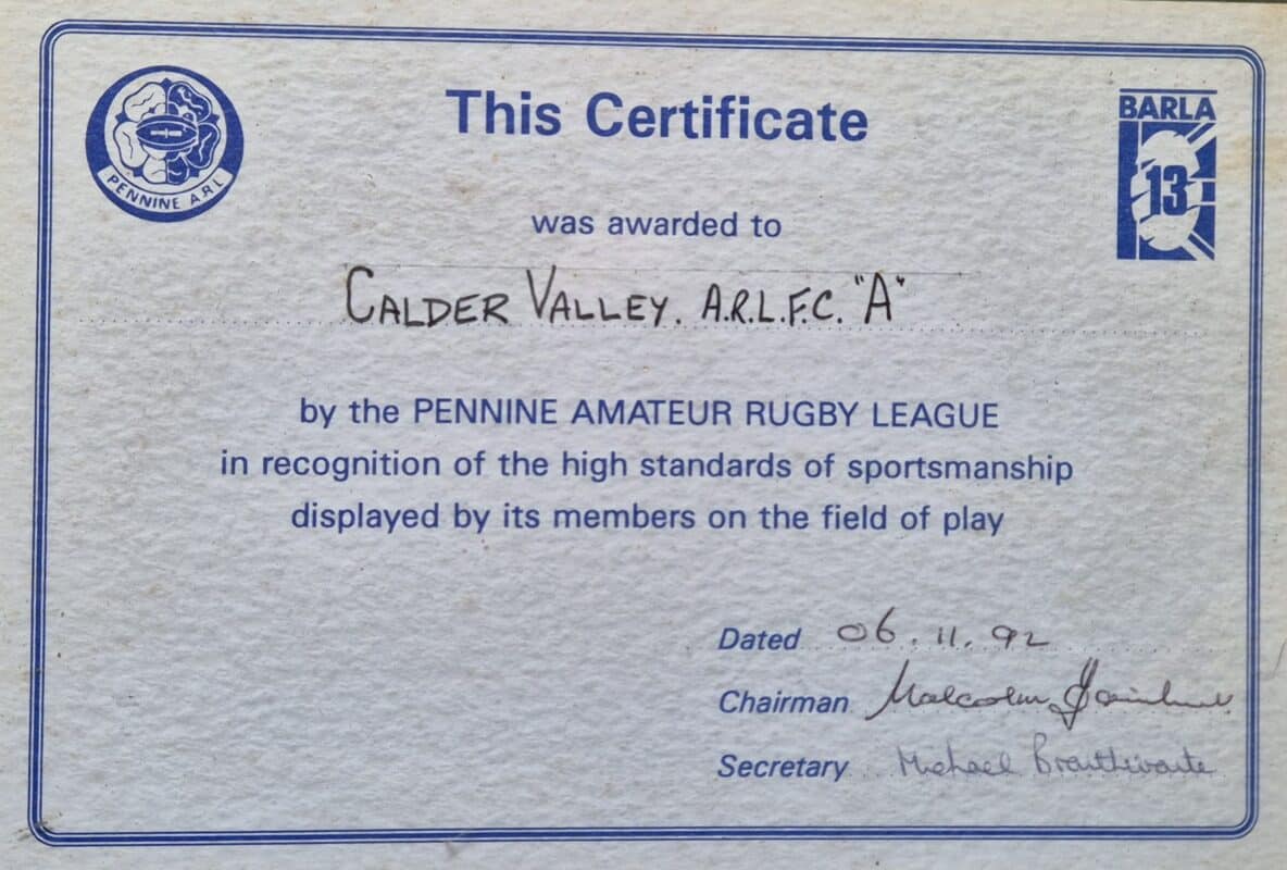Calder Valley A team 1992 Pennine League Sportsmanship certificate