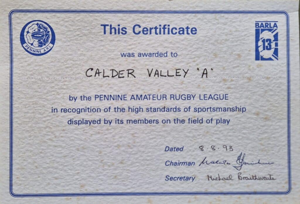 Calder Valley A team 1993 Pennine League Sportsmanship certificate