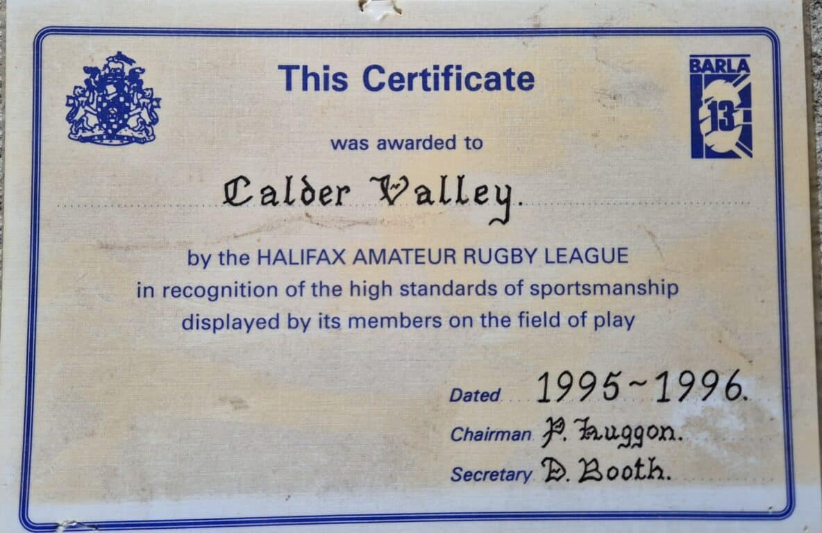 Calder Valley Halifax & District 1996 sportsmanship certificate