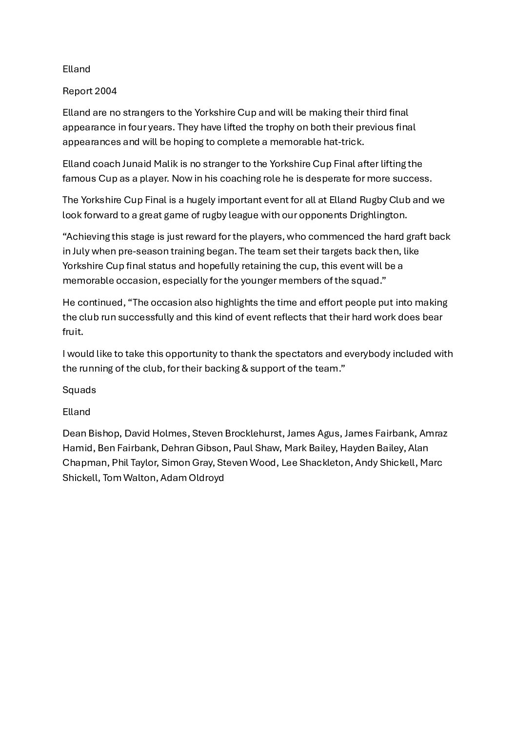 Elland 2004 Yorkshire Cup Final preview