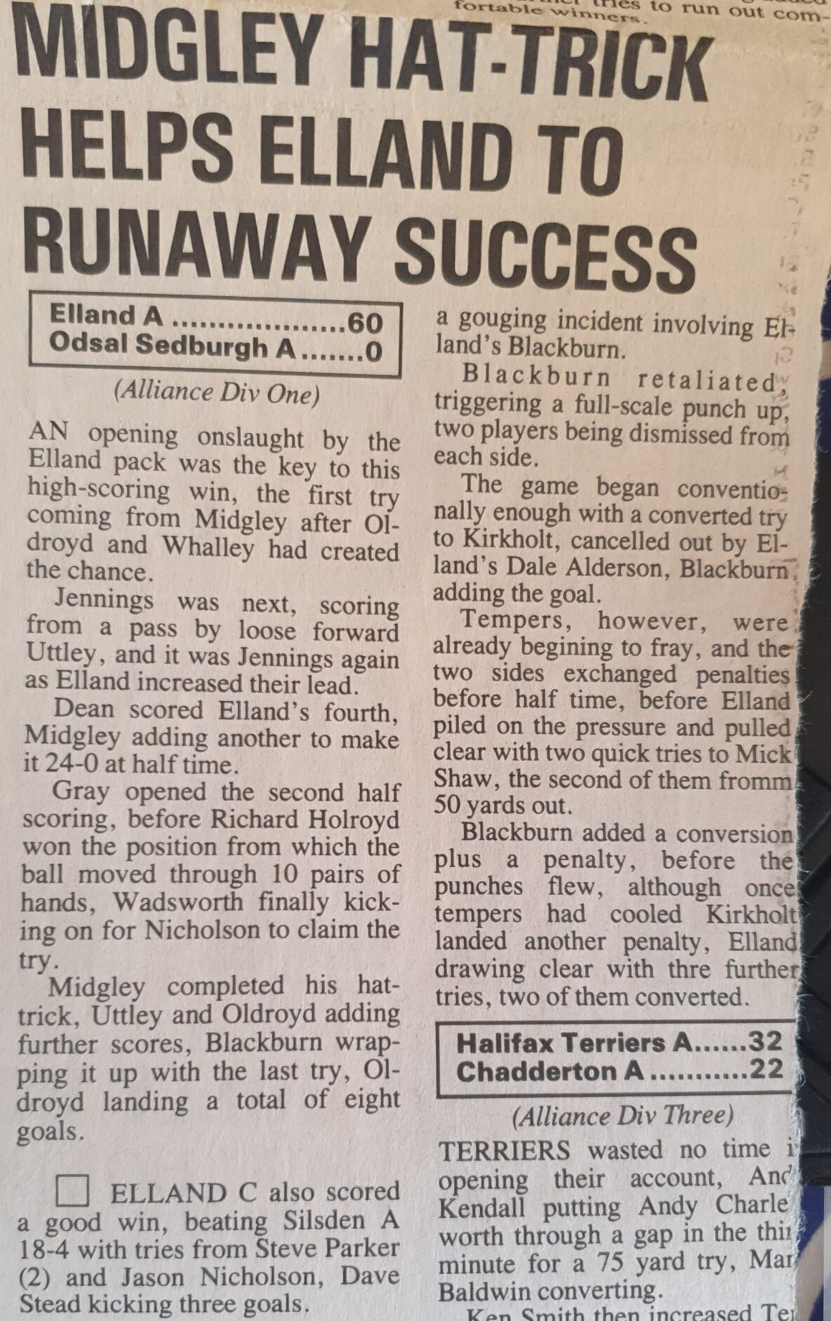 Elland A  and Elland C match report courier 1992