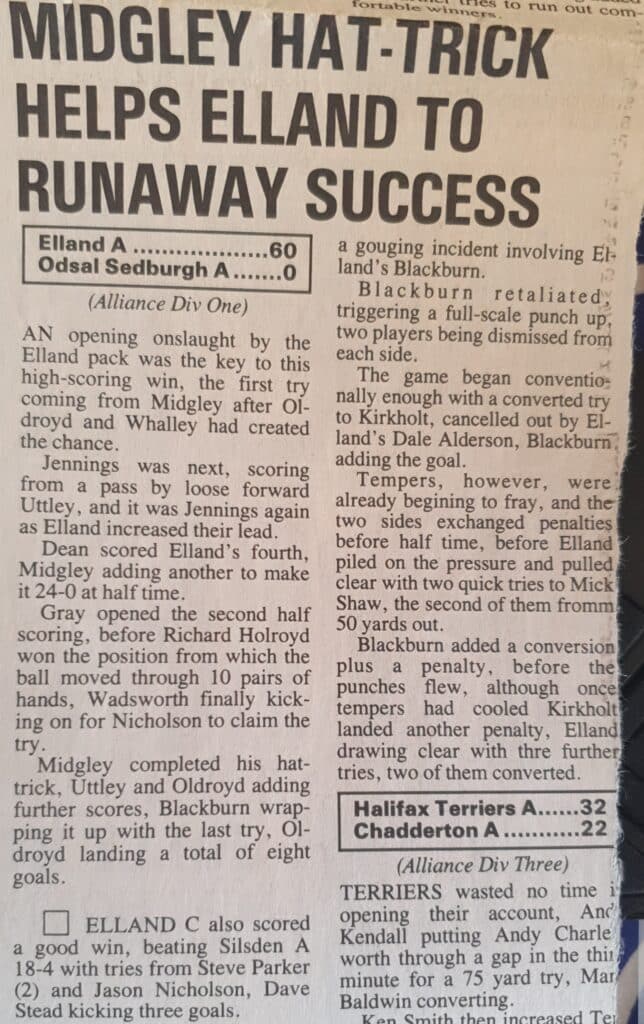 Elland A  and Elland C match report courier 1992