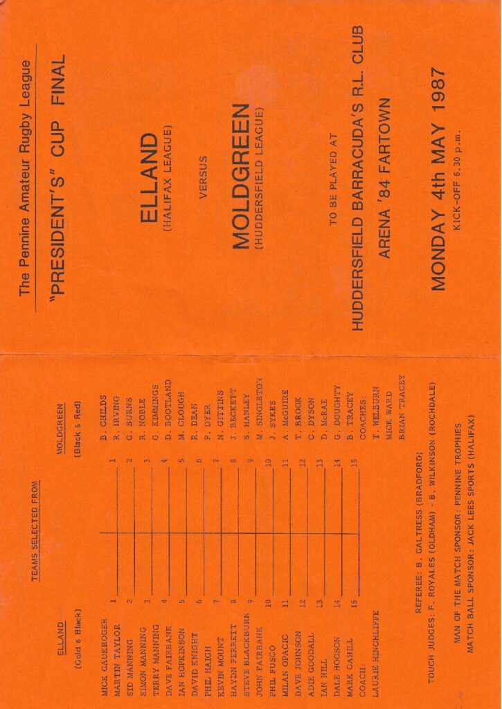 Elland Pennine Presidents Cup Final prog teams May 1987