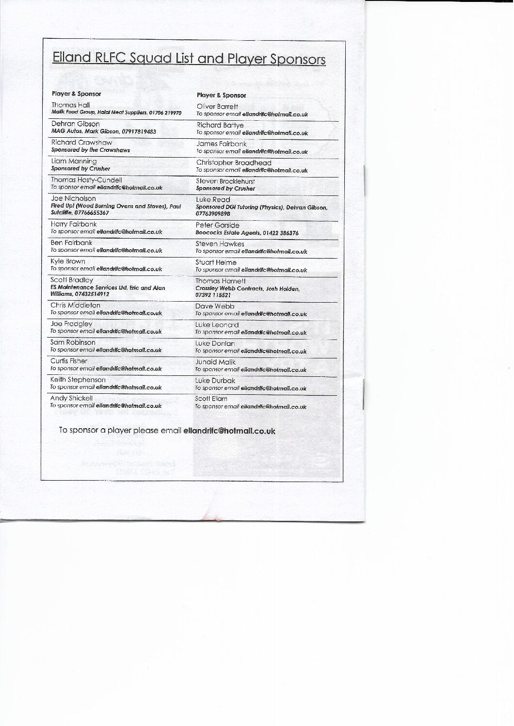 Elland squad list with sponsors 2017