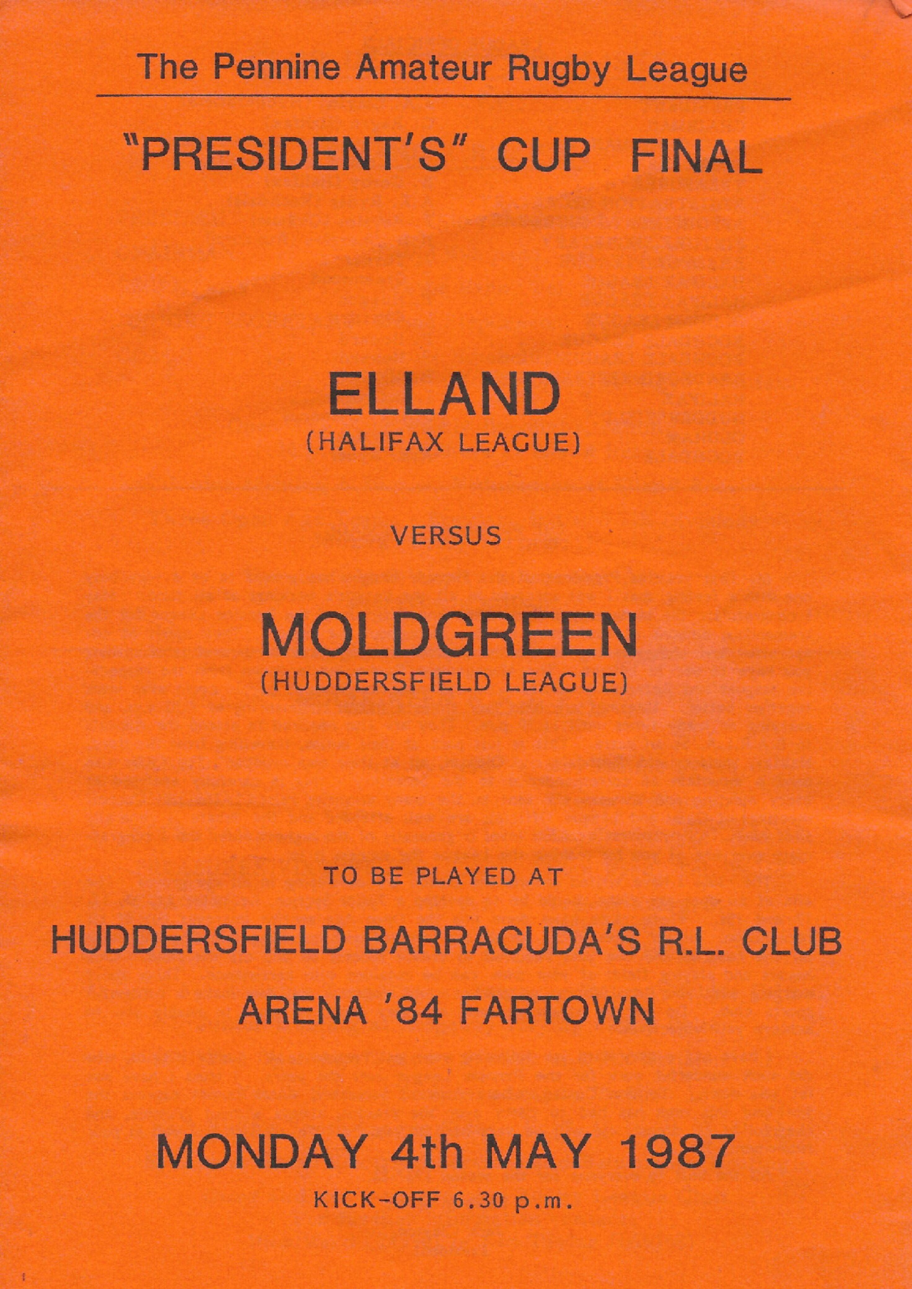 Elland v Moldgreen Pennine Predident's Cup Final Programme 1987