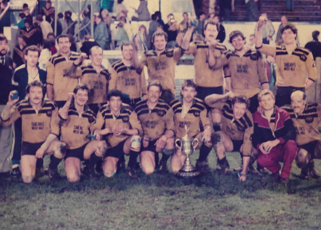 Elland winning team pic with Halifax Champ Trophy in Shears West Vale kit no year no names