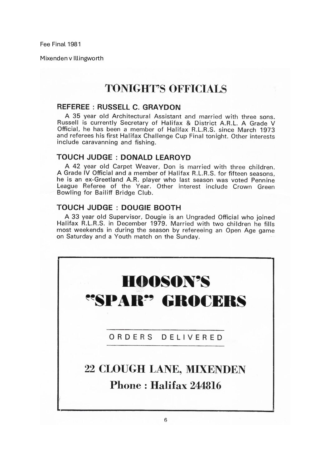 Fee Final 1981 referees match officials