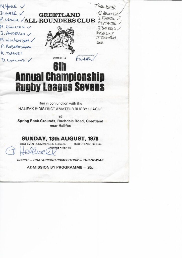 Greetland 6th Annual Sevens prrog Sunday 13 August 1978 GREETLAND season review for 77 to 78