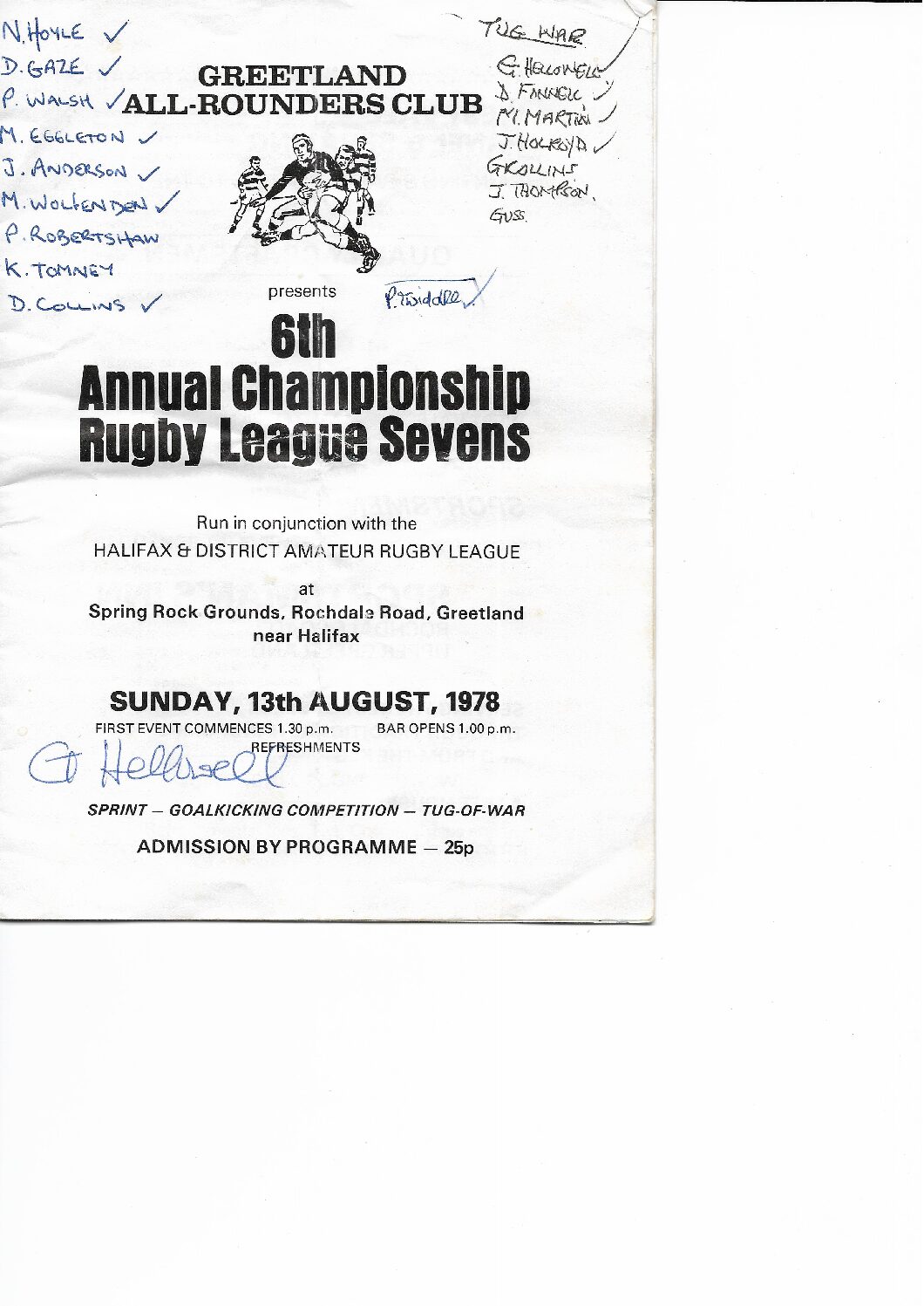 Greetland 6th Annual Sevens prrog Sunday 13 August 1978 GREETLAND season review for 77 to 78