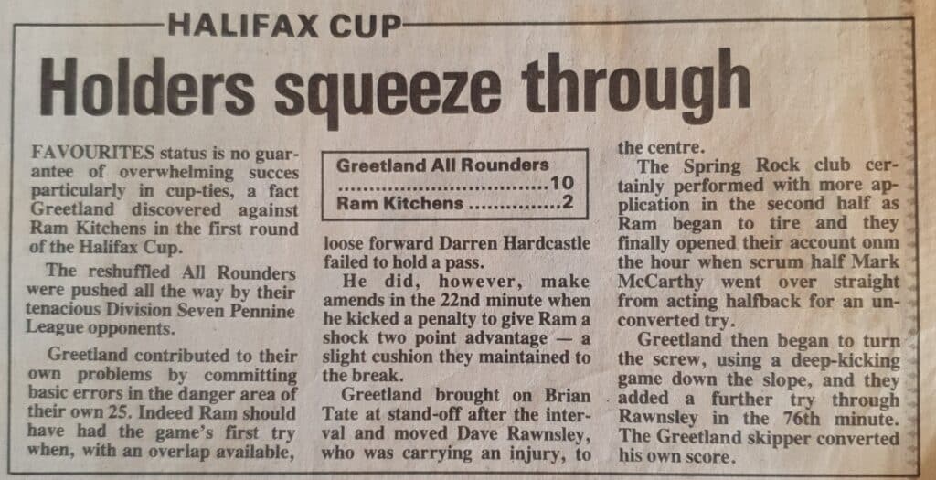 Greetland Ram Kitches Match report 1992