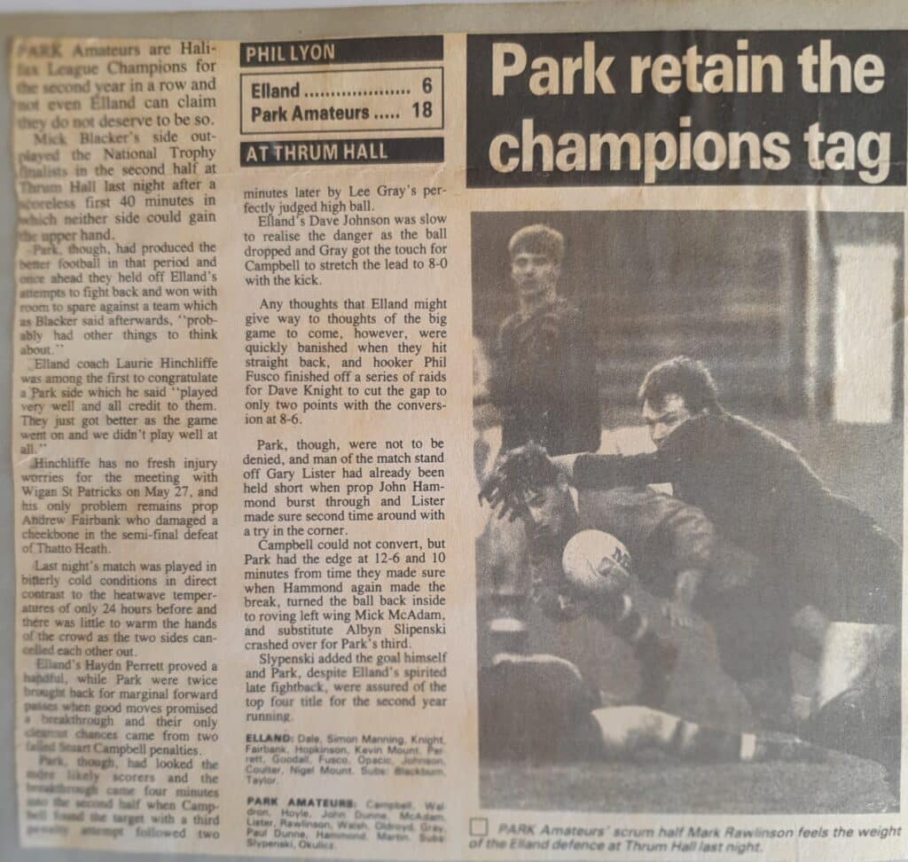 Halifax Championship Final report 1987-8 Park  Elland
