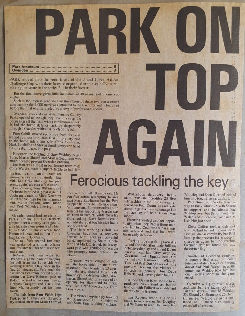 Halifax Cup semi report Park v Ovenden 1989-90