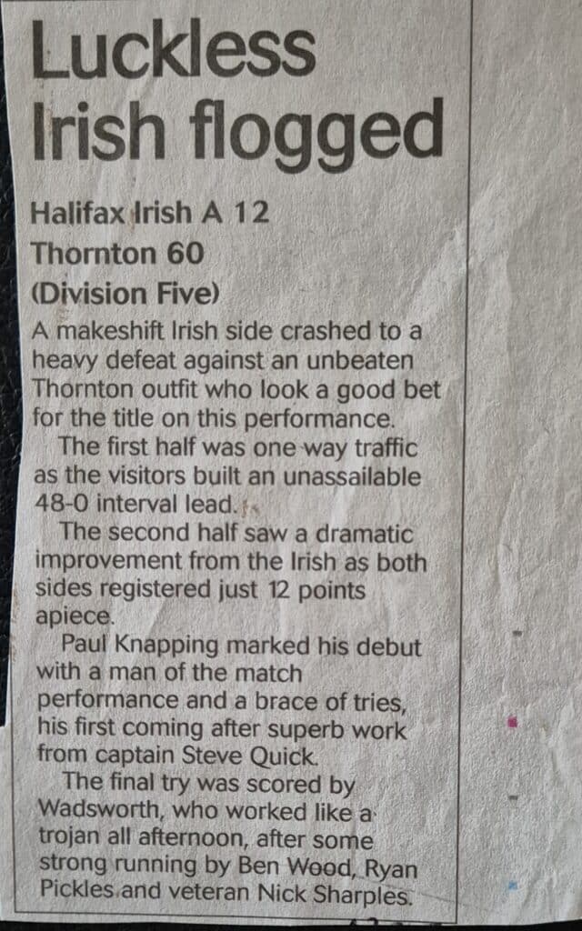 Halifax Irish A match report 2v Thronton 2007