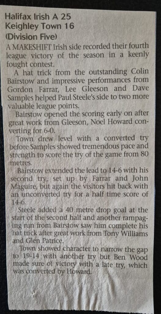 Halifax Irish A match report v Keighley Town 2006